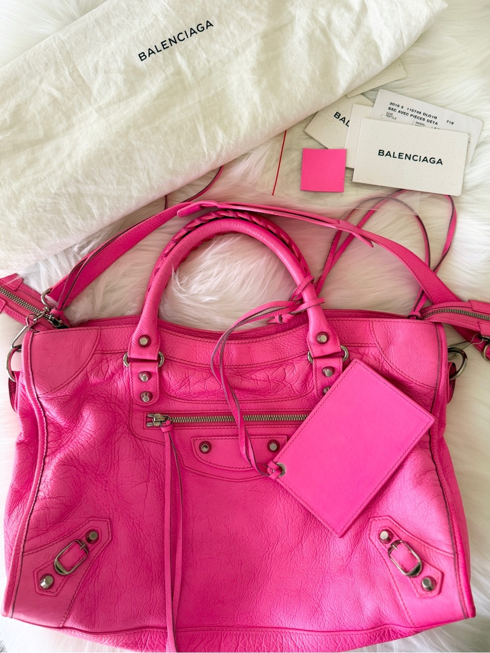 BALENCIAGA CITY BAG BARBIE PINK W/STRAP & MIRROR MOTO BAG MEDIUM ROSE FLUO NEON - Picture 15 of 15